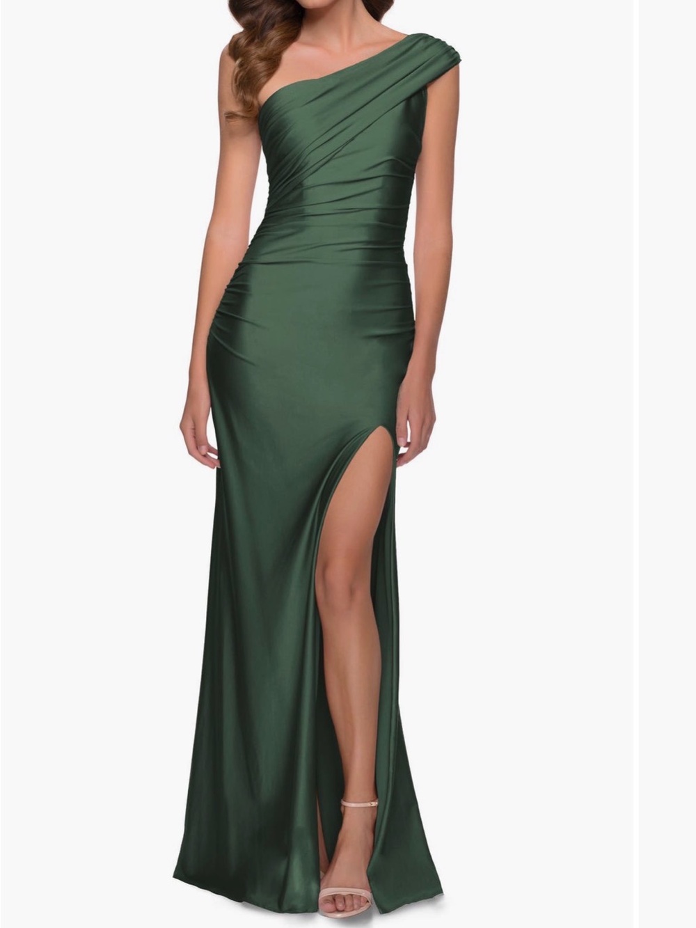 La Femme One-Shoulder Dark Green Evening Gown